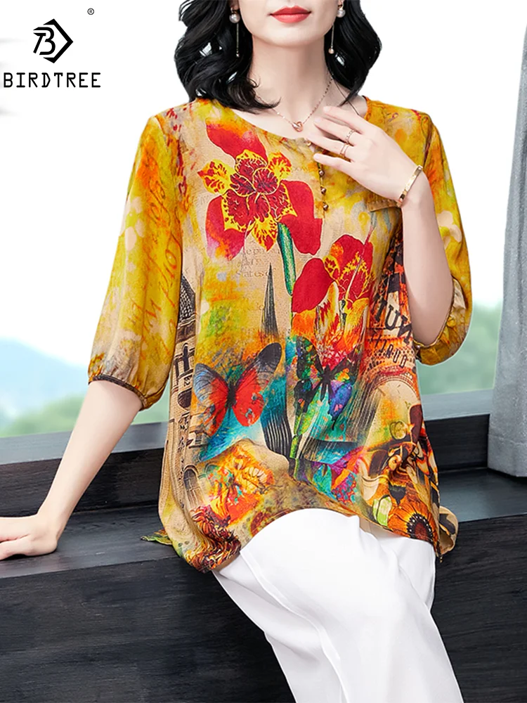 

BirdTree, 100%Real Silk Elegant Shirt, Women Half Sleeve O Neck Floral, Retro OL Casual Mom Blouses, 2024 Summer New T44888QM