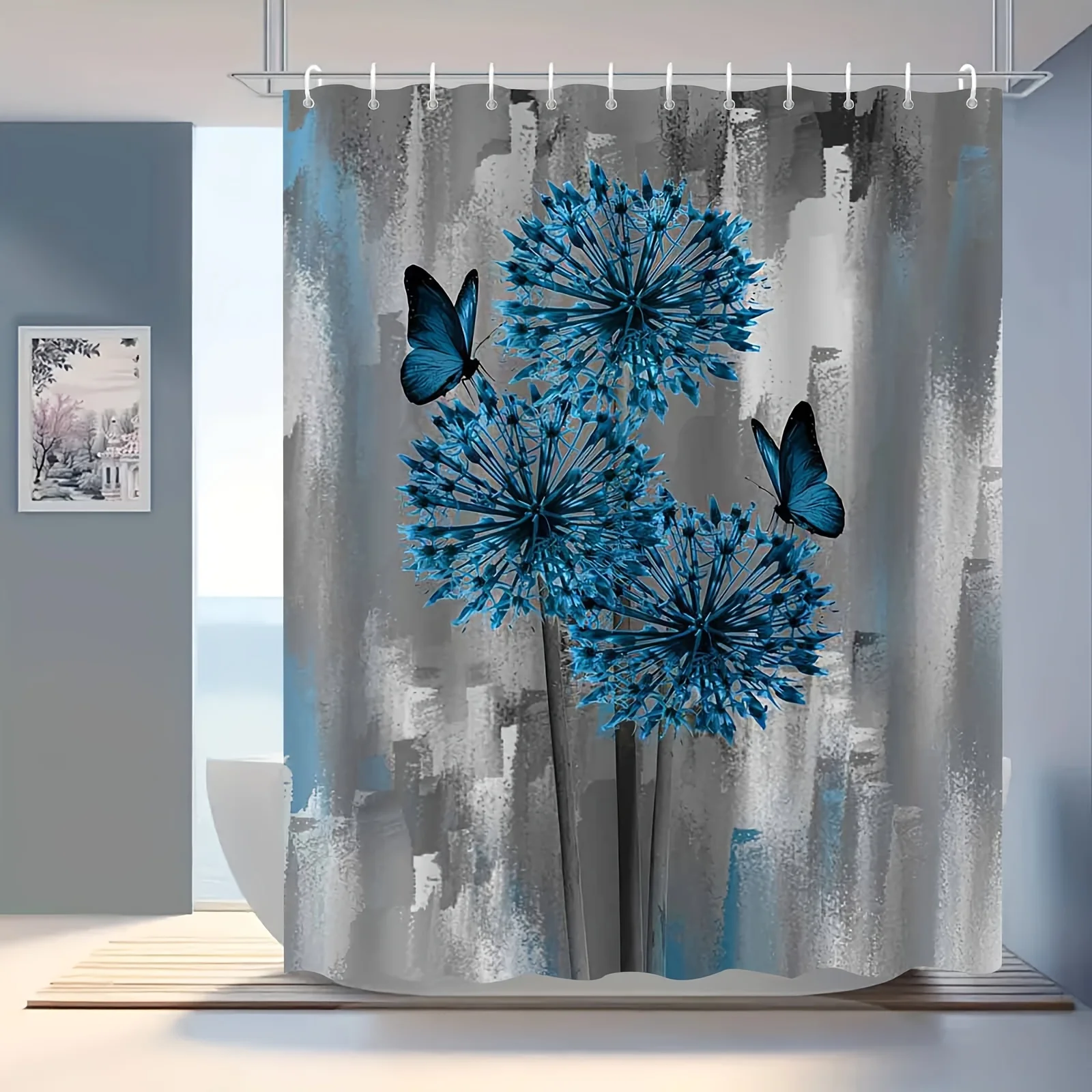 JIT1pcs Nordic Wabi Sabi Style Oil Painting Abstract Butterfly Flower Shower Curtain, High-end Elegant and Anti Fog Bathroom Cur