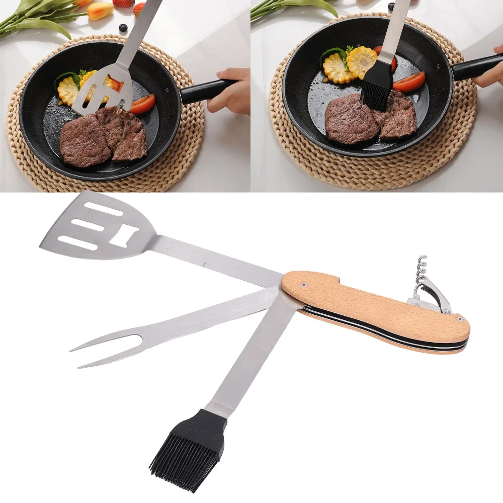 Stainless Steel Composite Wood BBQ Tool Set Silver Wooden Color Black 5 in 1 Grill Combo Set Foldable Design Portable