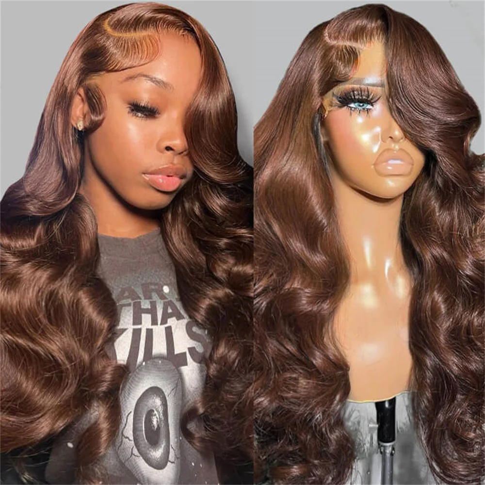 13x4 Brown Body Wave Transparent Lace Front Human Hair Wigs Pre Plucked Chocolate Brown Colored 13x6 HD Lace Frontal Wigs