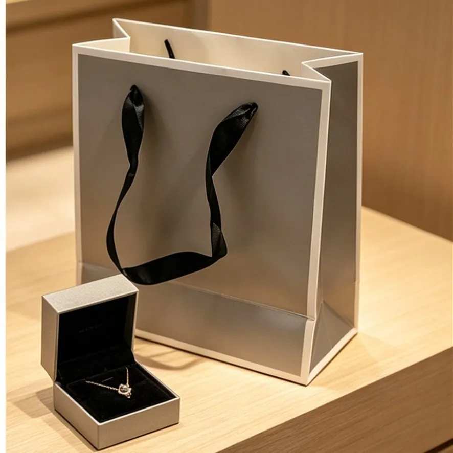 

50PCS Customized Recyclable Silver Grey Paper Gift Shopping Bag With Your Own Logo for Shoes Clothing Boutique Retail Packaging