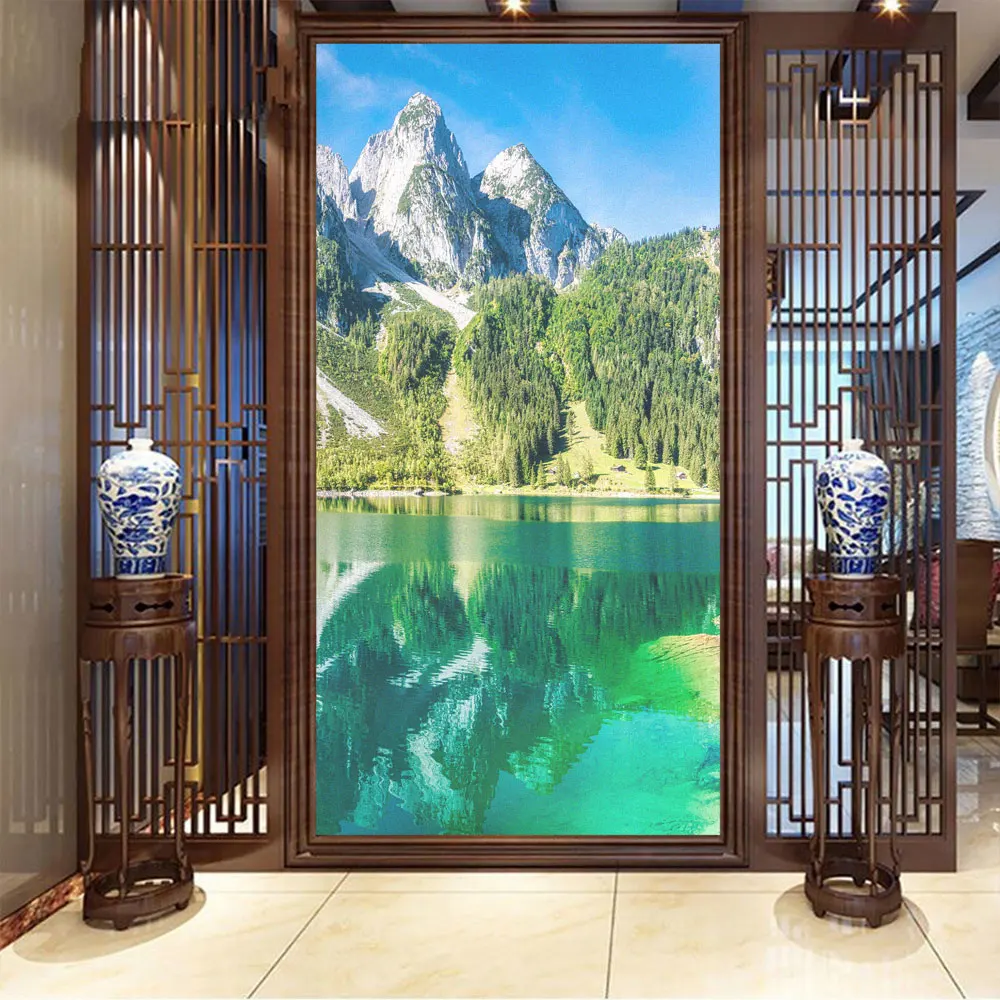 View of Green Lake Pattern Privacy Window Film Anti UV Frosted Glass Window Sticker Non-Glue Static Cling Glass Door Film