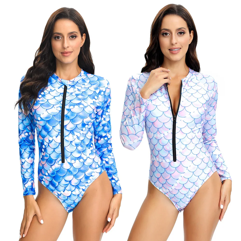 

Fish Scale Printing Swimsuit Women, Long-sleeved Sunscreen Jumpsuit Zipper Tight Competitive Sports Swimsuit