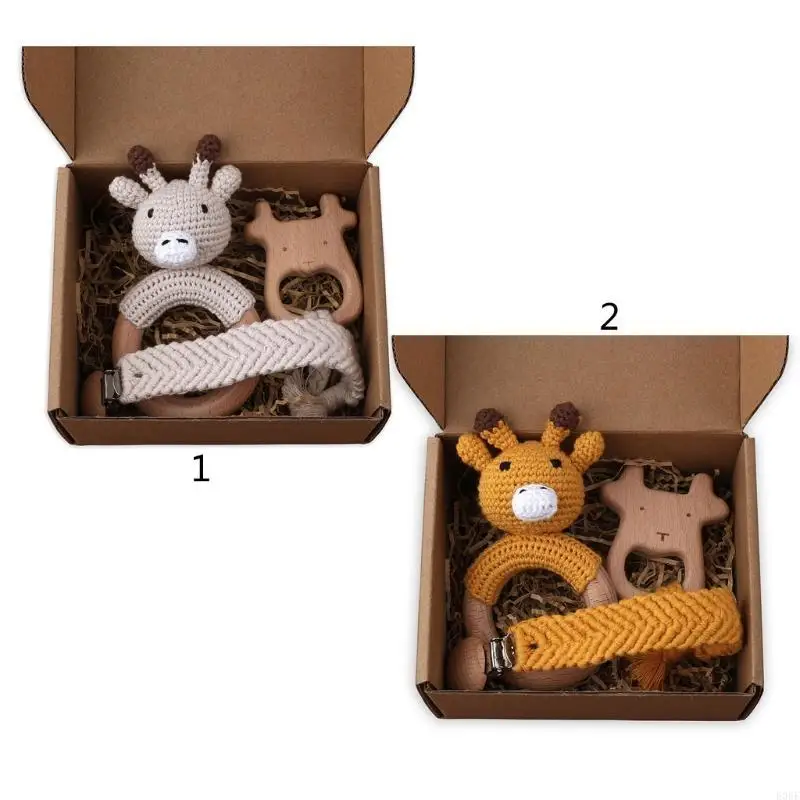 

E06F Baby Rattle Pacifier Clips Chain with Teether Beech Gift Set