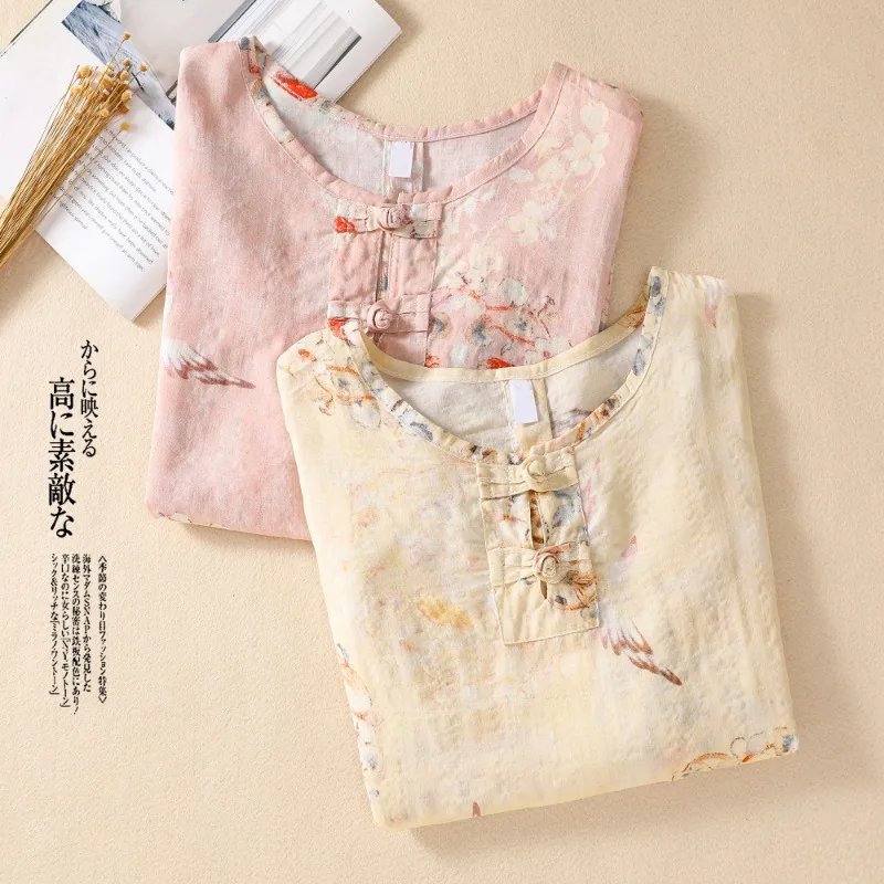 Chinese Style Women\'s Shirt Summer Prints Vintage Blouses Loose Short Sleeves Women Tops Cotton Linen Fashion Clothing