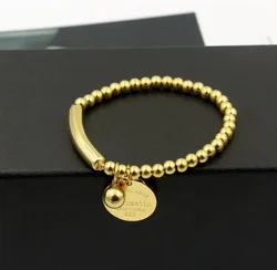 Fine Jewelry Stainless Steel Ball Beads Bracelet For Women Circle Tag Charm Stretch Strand Bracelet