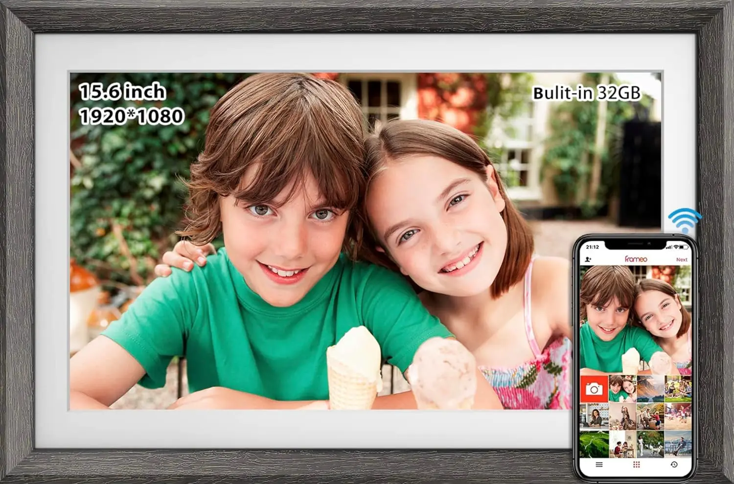 

FRAMEO 15.6 Inch 32GB WiFi Large Digital Photo Frame 1920 * 1080 IPS FHD Touch Screen Smart Digital Picture Frame, Wall Mountabl