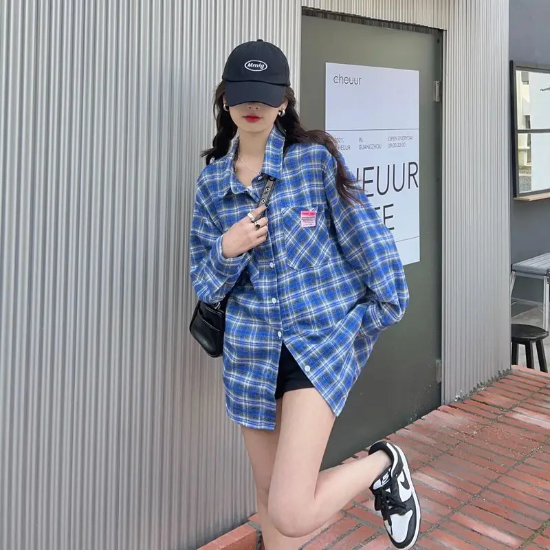 

Lazy BF Style Shirt Coat Spring 2025 New Fashion Midi Collar Grid Open Cardigan Women's Trendy Long Sleeve Casual Loose Fit