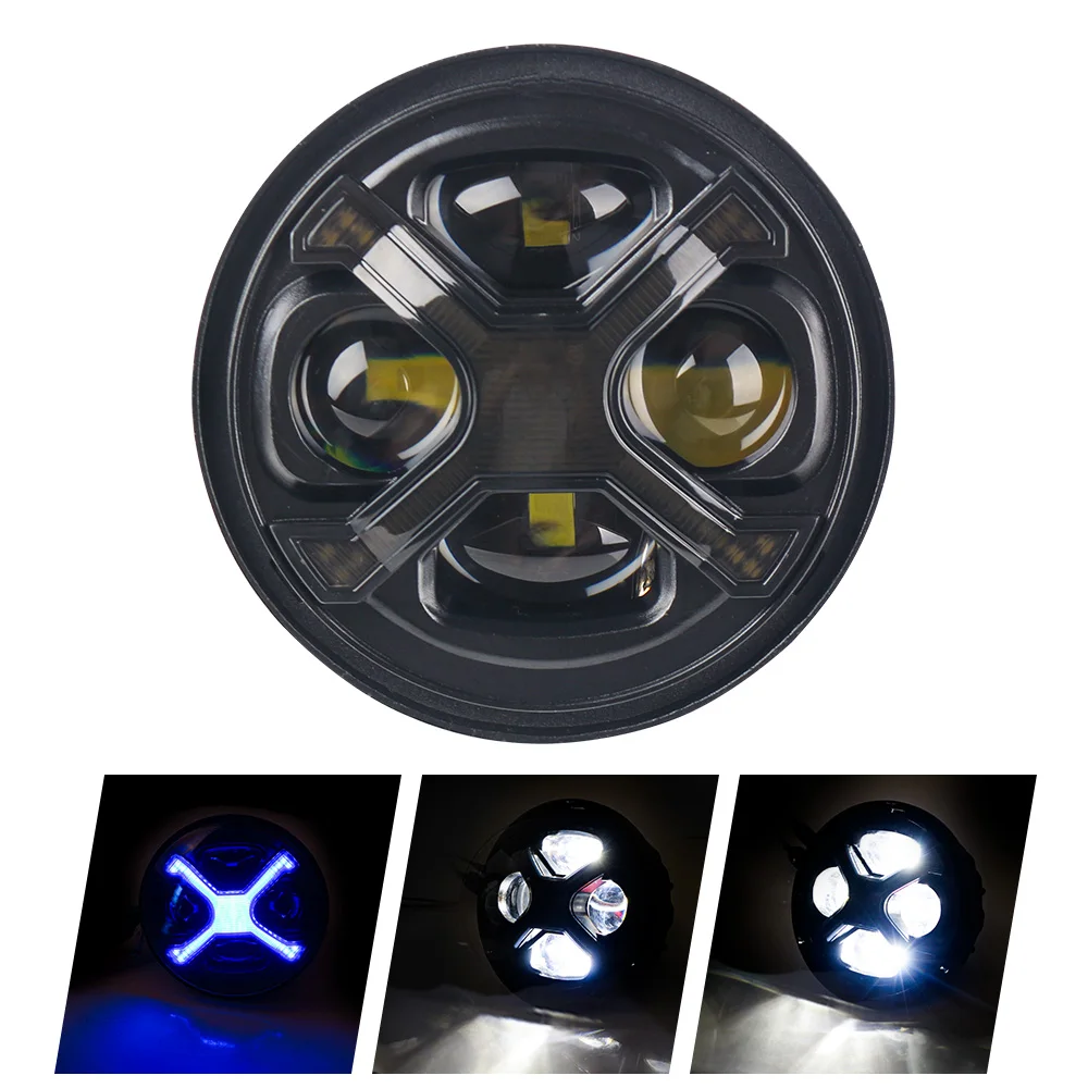 5.75 Inch Round Smoked X-Type LED Motorcycle Headlight, 40W High/Low Beam, Blue DRL, IP67 Waterproof, Compatible with Harley