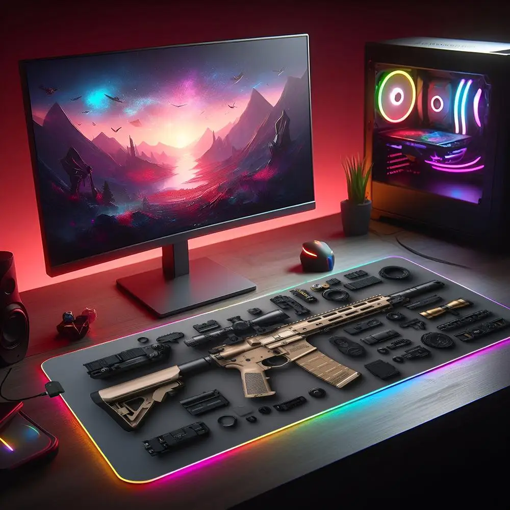 

RGB коврик для мыши с текстурой пистолета, светодиодный светящийся игровой коврик, резиновый противоскользящий настольный коврик, аксессуары для геймера, ПК, игровая клавиатура, коврик для мыши