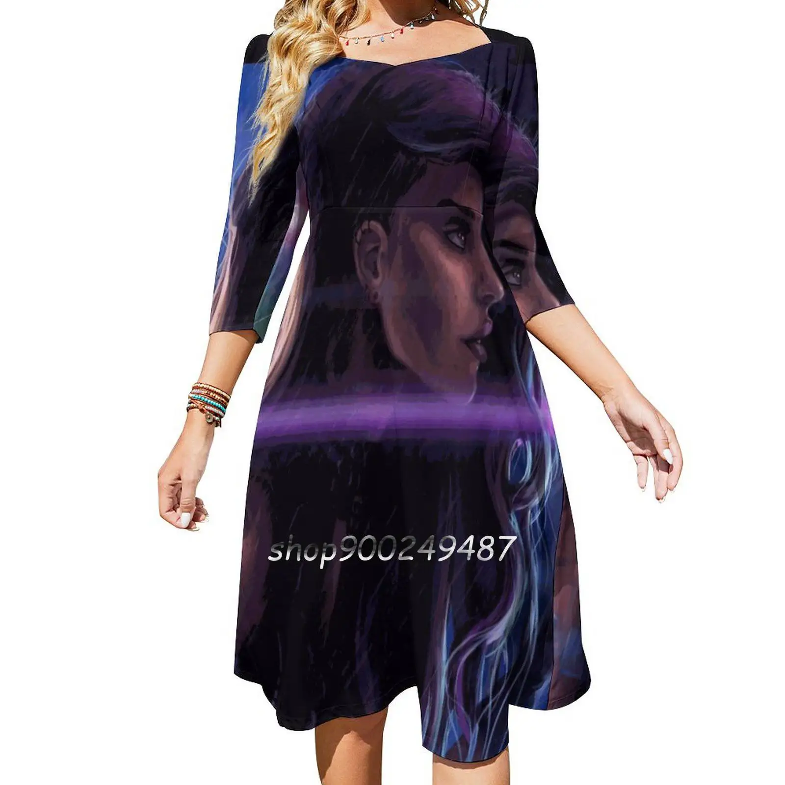 Cybergirl Women Casual High Waist Mini Dress Long Sleeve Dress Autumn New Fashion Dress Cyber Girl Tech Futuristic City Lights