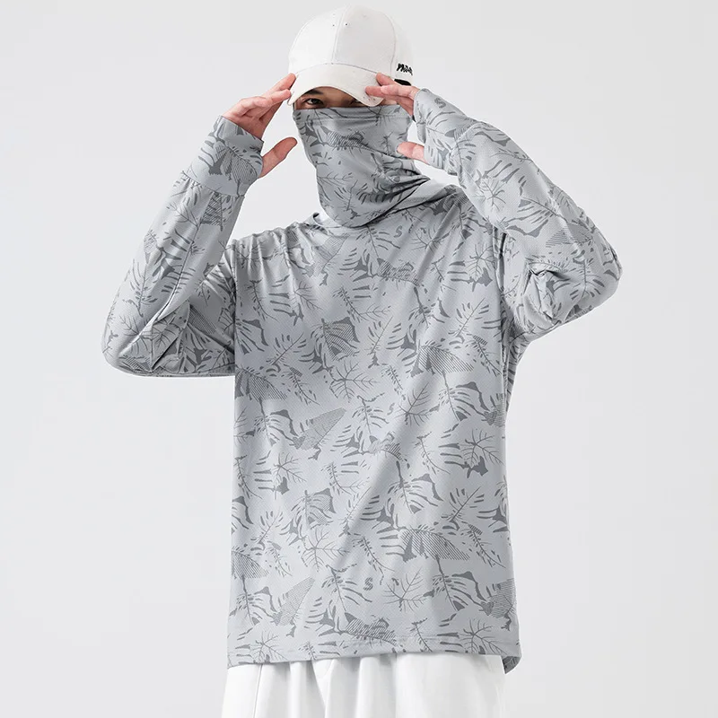 Men Camo Hooded Fishing Shirt With Built‑in Face Mask UPF50+ Quick Dry Thumb Hole Long Sleeve Outdoor Sun Protection Fishing Top