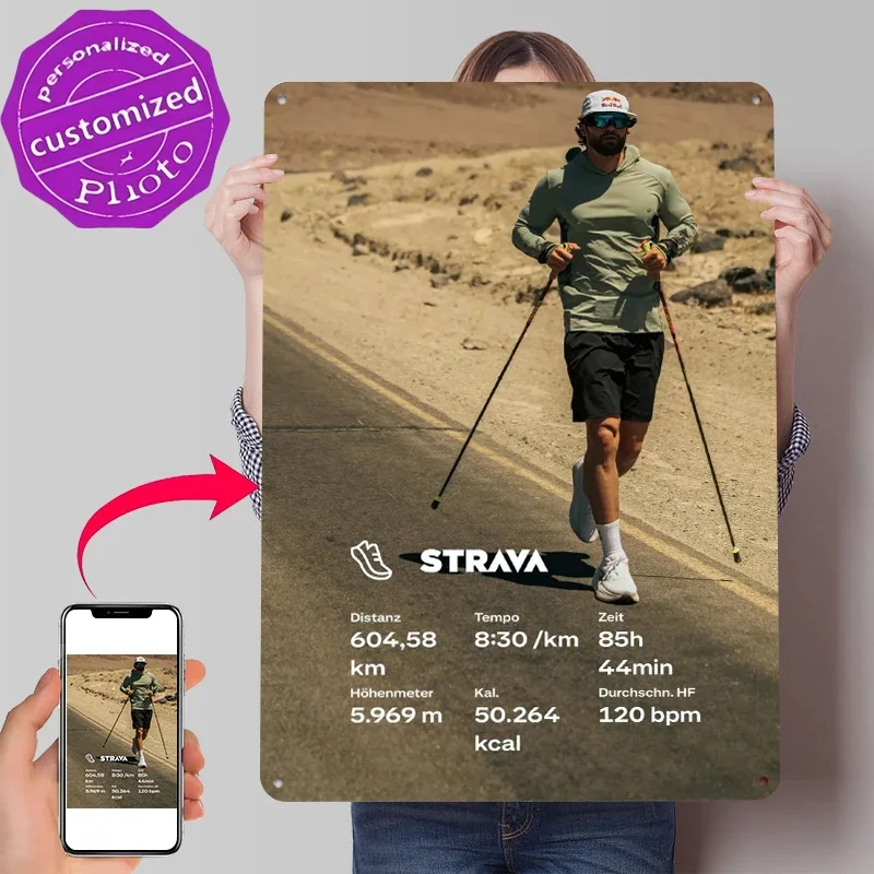 Металлический 3D-постер «Спортсмен бегает с показателями Strava»: индивидуальный дизайн, винтажный стиль, для декора мужской комнаты или гостиной