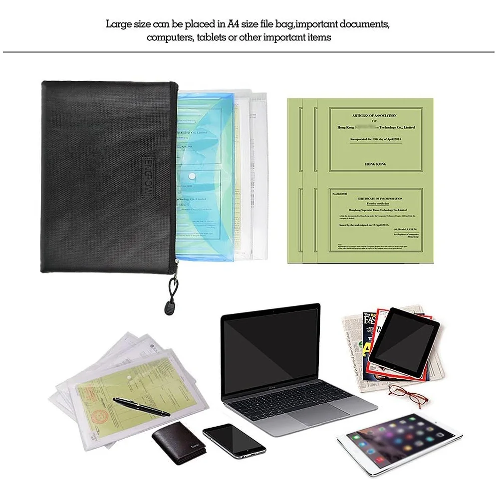 Document Storage Bag Fireproof Waterproof ID Organizer Bag Black Zipper Pouch Holds A4 Legal Documents