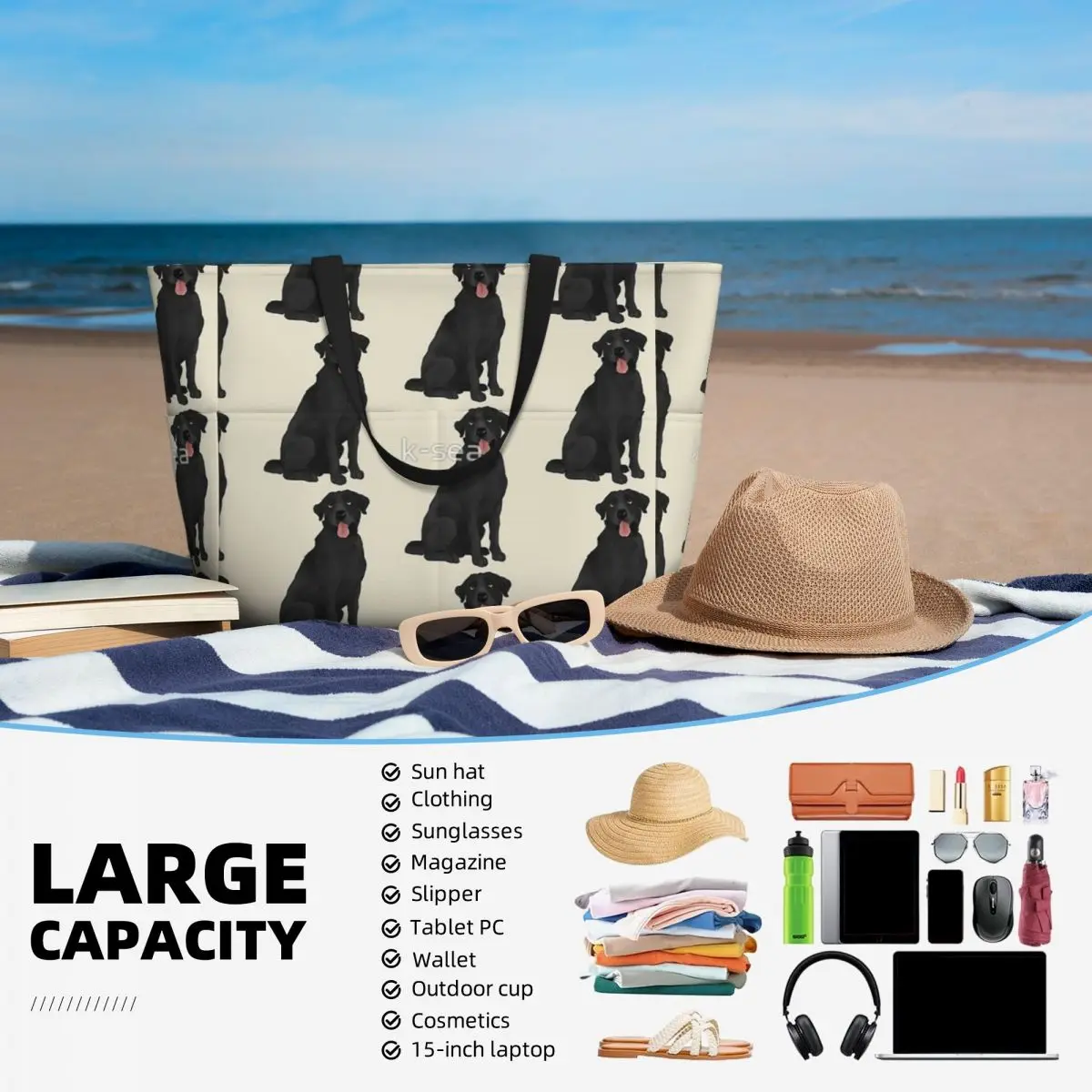 Bolsa de viaje de playa Labrador negro, bolso de mano, compras de moda, deportes, regalo de cumpleaños, patrón multiestilo