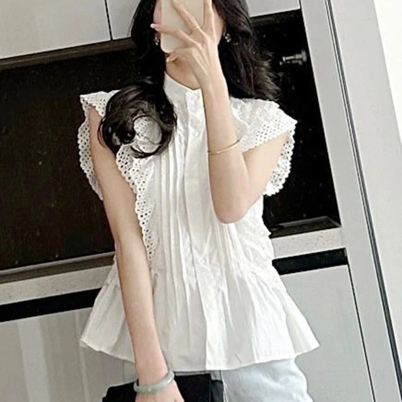 Summer New Flying Sleeve White Shirts Women Vintage Sleeveless Ruffled Lace Blouse For Woman Elegant Casual Sweet Tops  27709