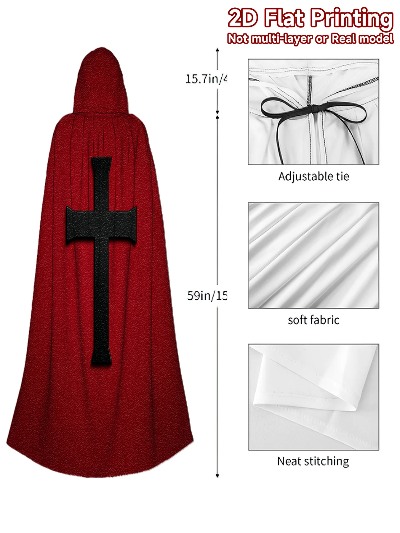 1pcs Retro Full-Body Hooded Robe with Black Cross Pattern - Hooded Cloak Costume Suitable for Cosplay, Medieval Renaissance