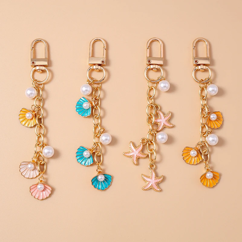 Cute Enamel Pearl Shell Starfish Keychain Marine Life Key Ring for Women Girls Handbag Pendant DIY Jewelry Gift