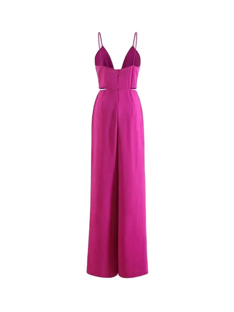 Women\'s Hollow Out Pleated Wide Leg Jumpsuits, Sexy Backless With Zipper, Thin Straps, Female Playsuits, Fashion