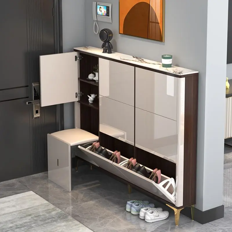 Light luxury ultra-thin tipping bucket shoe cabinet entrance door against the wall narrow side shoe cabinet shoe changing stool