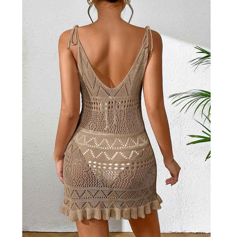 Halter Dress Clothes Women Summer Solid Color Sleeveless Knitted Cover Up Backless Stylish Beach Dresses