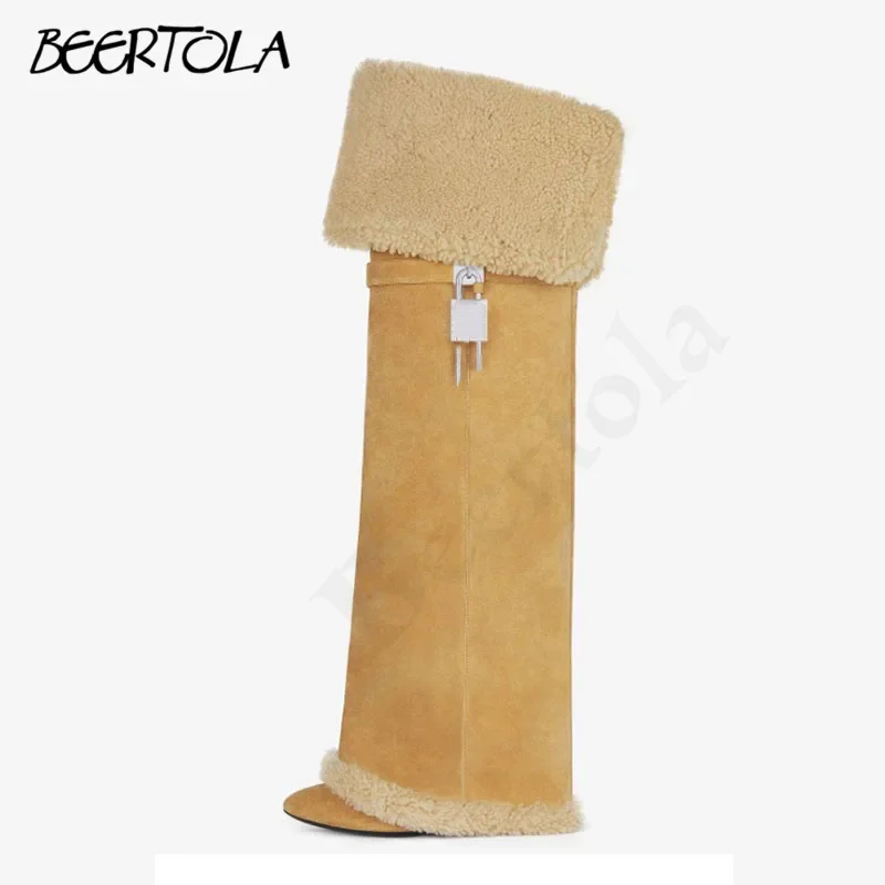 Suede Winter Trouser Boots Pointed Toe Metal Lock Skirt Plus Wool Stiletto High Heel Over The Knee Boots Fashion Women Boots