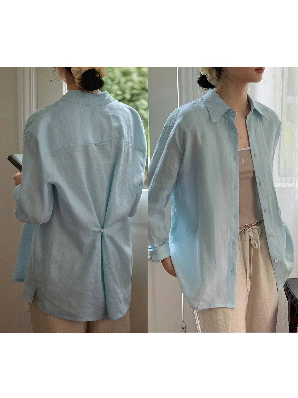 

Nice People 2024SS Women's Linen Long Sleeve Shirt Loose Fit Back Button Physical Sun Protection Double Wear Style Commute Fa...