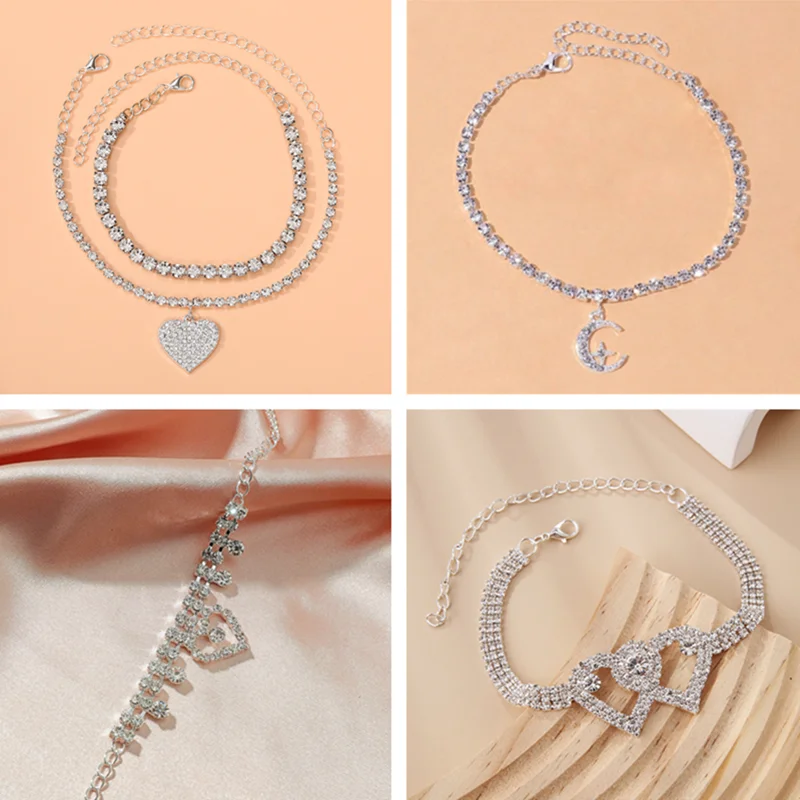 Fashion Silver Color Rhinestone Double Heart Anklet for Women Moon Ankle Bracelet Chain Summer Beach Foot Ornaments Ins Jewelry