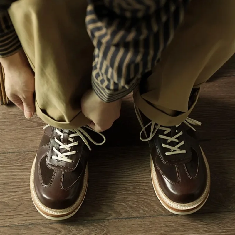 Retro Genuine Leather Patchwork Thick Bottom Derby Shoes Men Casual Breathable Oxfords Flat Outdoor Sport Shoes Man Sneakers