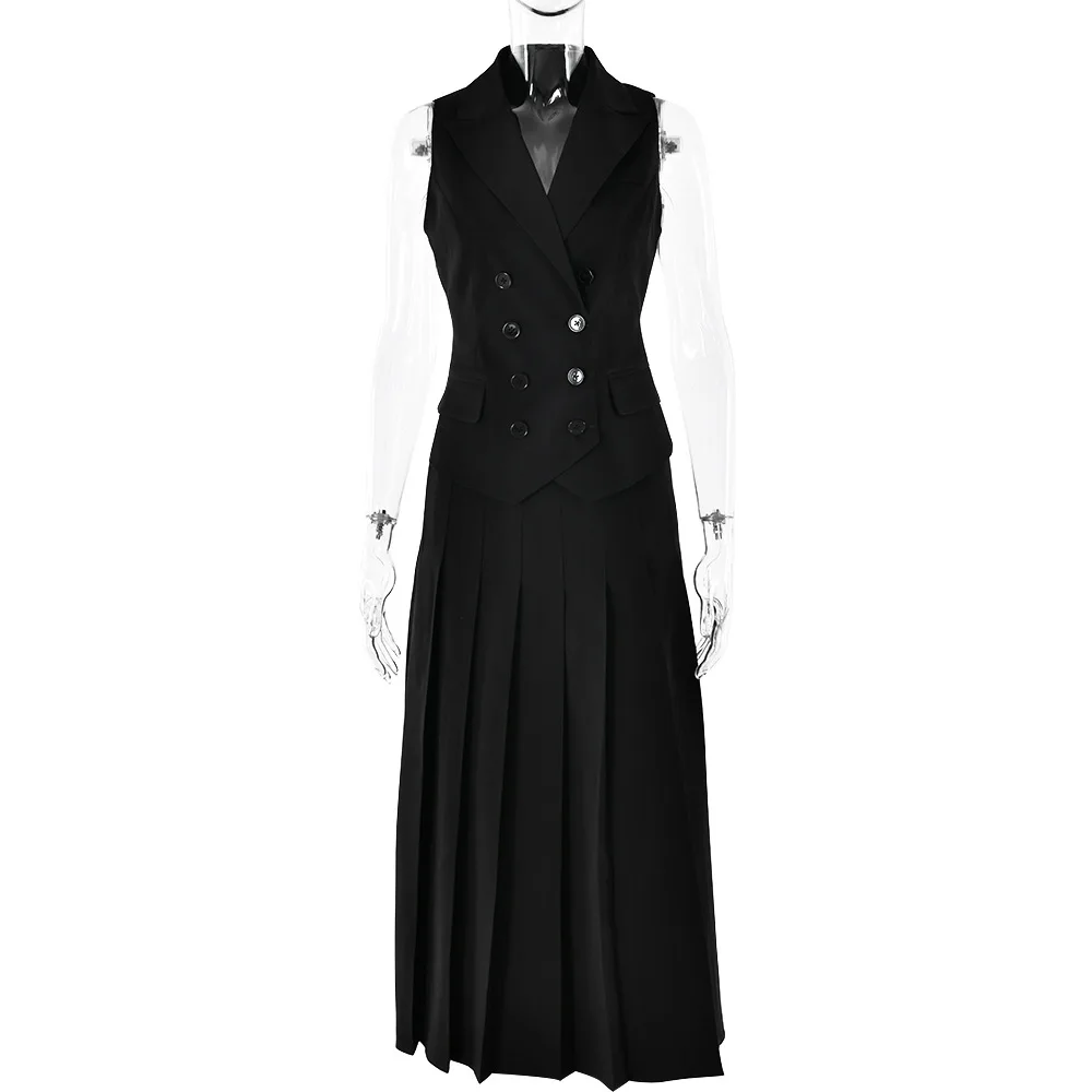 Gtpdpllt Autumn Two Piece Sets Women Double-breasted Vest And Split Long Skirt Matching Sets Fashion Pleated Y2K Skirt Outfits