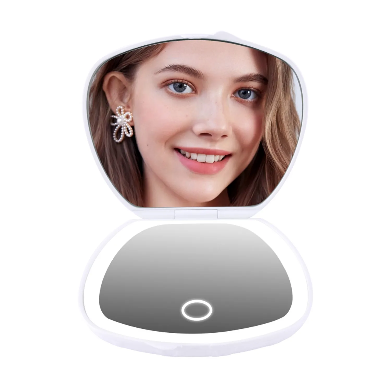 Espelho de maquiagem dobrável dupla face - ampliação 5X, escurecimento por toque, design clamshell e recarregável portátil