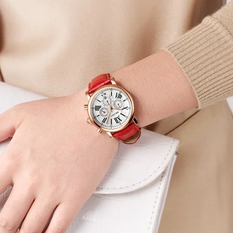 Relojes MEGIR con cronógrafo para mujer, famosa marca de lujo, números romanos, reloj femenino de cuarzo de cuero, reloj para mujer 2058