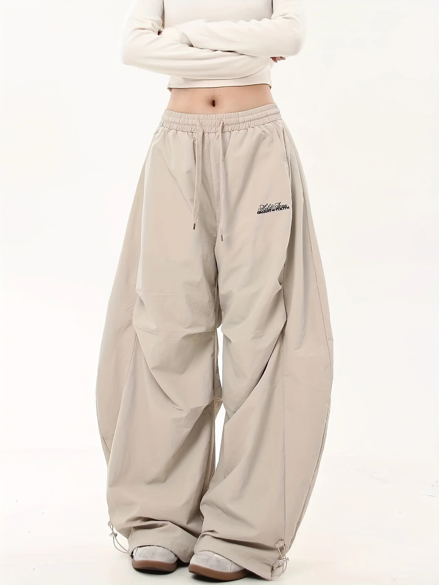 Women Casual Joggers Tech Pants Solid Low Waist Pants Drawstring Wide Leg Baggy Trousers Y2k Streetwear Oversize Sweatpants