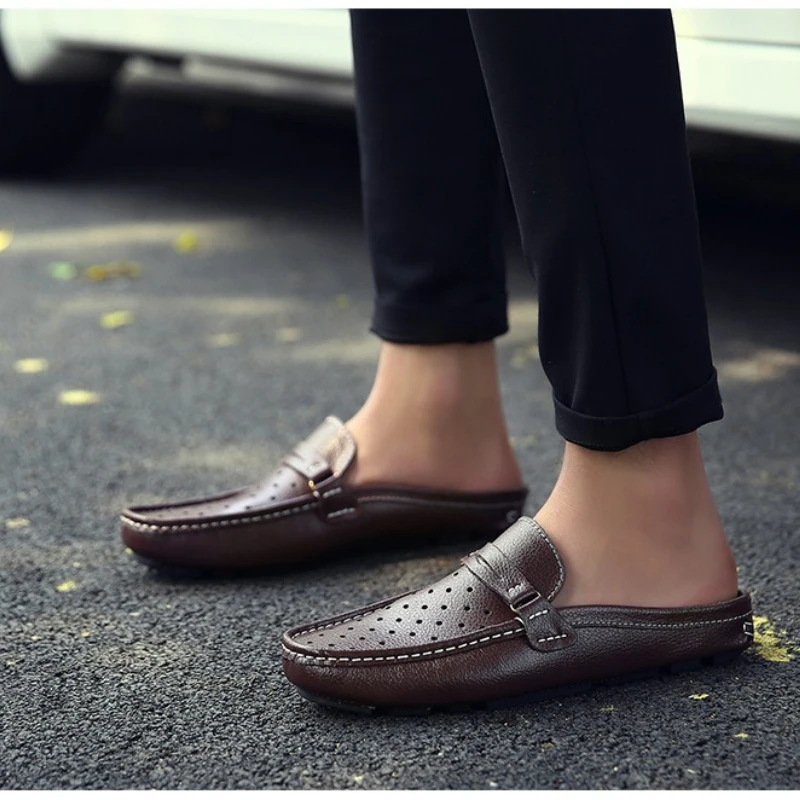 Summer Men Shoes Casual Brand Penny Loafers Genuine Leather Half Slipper Breathable Slip on Lazy Driving Moccasins 2026 Fashion