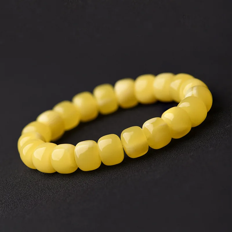 Russian vintage barrel bead bracelet, natural , second-generation golden amber, freeform Buddha beads, collectible ha