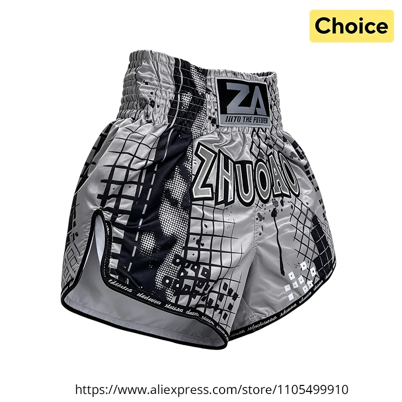 Graue Boxshorts, schnell trocknende Muay-Thai-Shorts, thailändische Stickerei, für Männer, Frauen, Kinder, Kampfsport, Kickboxen, Training, Wettkampfhose