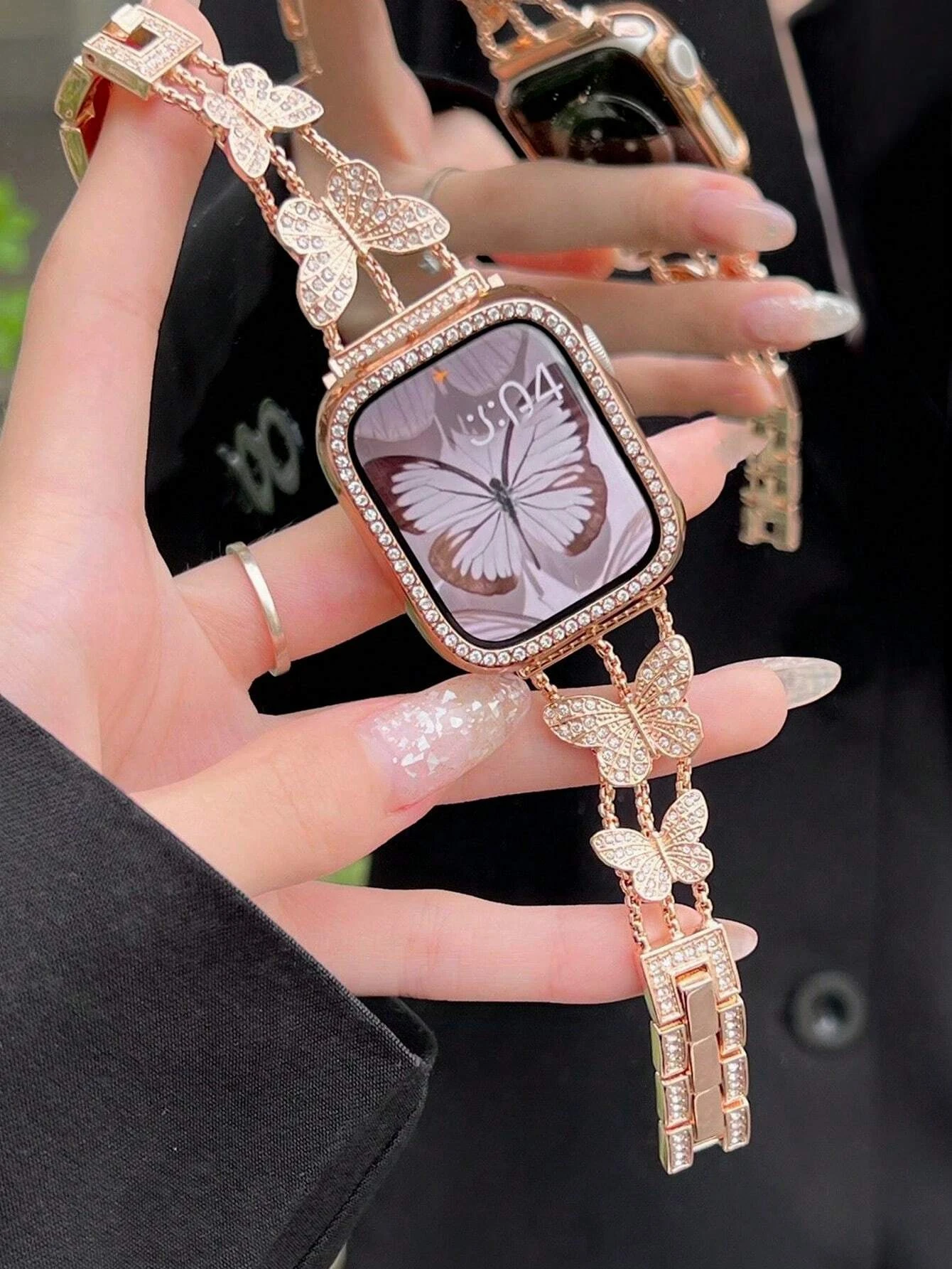 1 piece of jewelry sparkling diamond butterfly Apple Watch band, compatible with Apple Watch Series 9/8/7/6/5/4/3/2/1/SE/Ultra