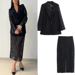 TRAF Women's Lace Solid Color Office Skirt 2 Piece Suit Shoulder Pad Blazer Pencil Skirt Fashion Women's Casual Suit 2024 Summer