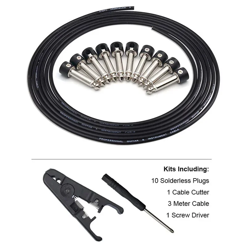 SAPHUE DIY Guitar Solder-free Pedal Patch Cable Board Copper Cable Kit Set 10ft 10 Strait Audio Solderless 6.35 Mono Jacks