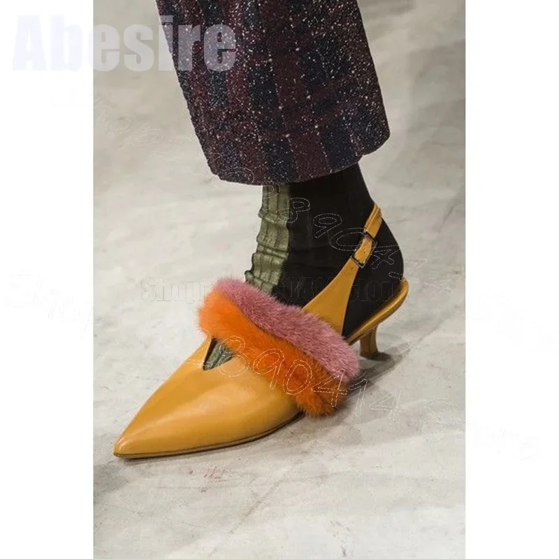 

Yellow Pointed Toe Colorful Fur Decor Runway Pumps Buckle Strap Women Shoes Thin High Heel Party Dating 2025 Zapatos Para Mujere