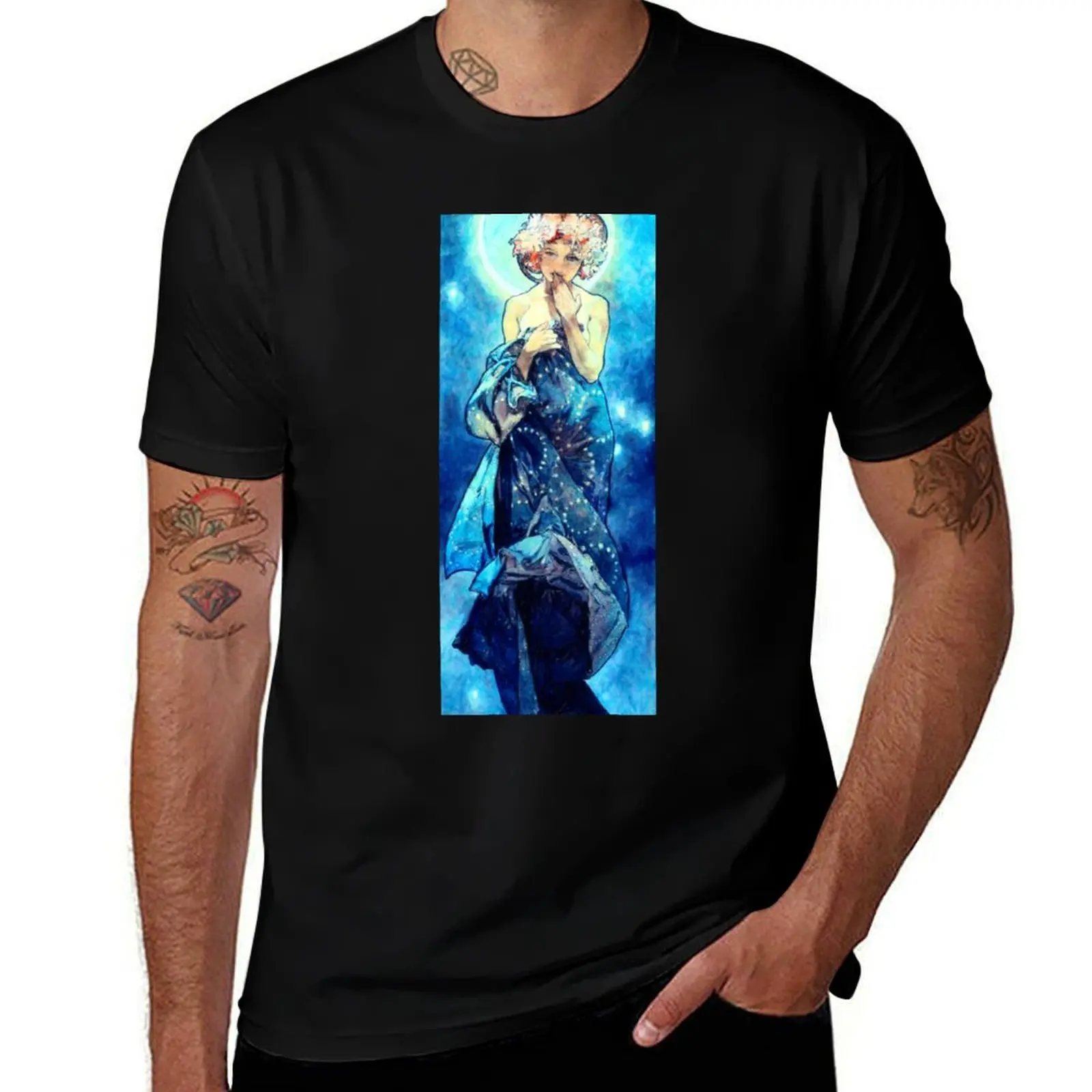 Alphonse Mucha - Luna (edited; EU-godess) T-Shirt Basic Lightweight Short Sleeve Tee