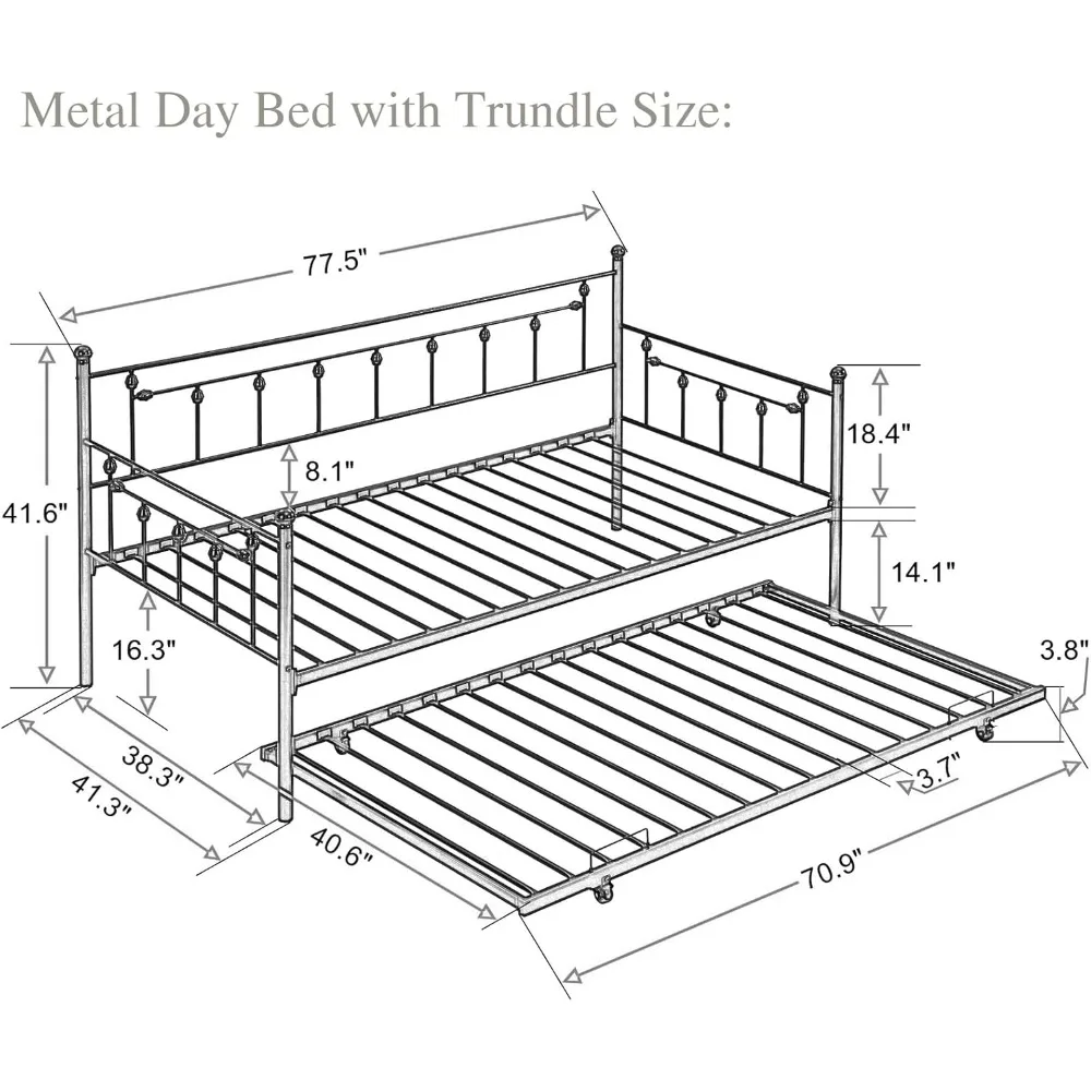 سرير نهاري مزدوج مع دولاب، سرير نهاري معدني مع لوح رأسي مغزل، إطار سرير أريكة تقليدي مع دولاب قابل للسحب، شديد التحمل #2