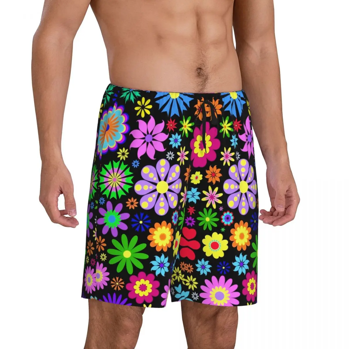 Custom Hippie Flower Pattern Pajama Shorts Sleepwear Men Elastic Waistband Sleep Lounge Short Pjs with Pockets