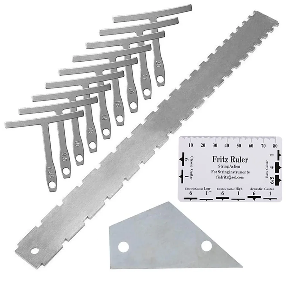 12PCS Professional Silver Guitar Measuring Tool Set Metal+Plastic Guitar Neck Notched Straight Edge Fret Rocker Luthier
