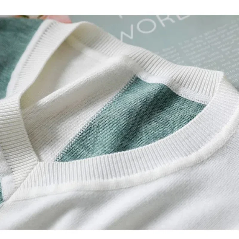 Spring and Autumn Women\'s 2024 New Splicing V-neck Contrast Color Fashion Loose and Versatile Casual Long Sleeve Knitted Tops
