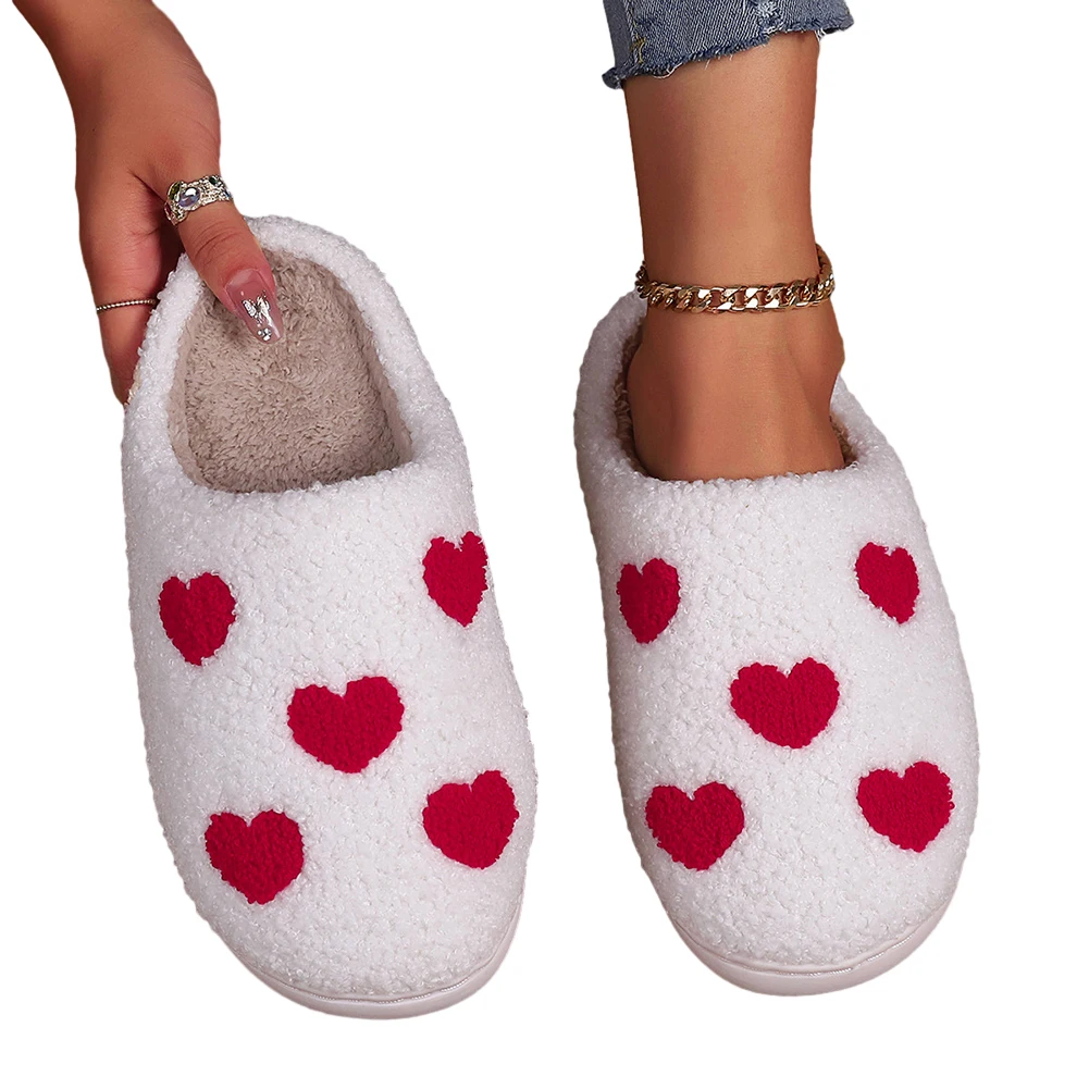 Heart Shape Plush Closed Toe Slippers Anti Slip Plush Slip-on House Shoes Warm Fluffy Preppy Slippers Cartoon Household Supplies