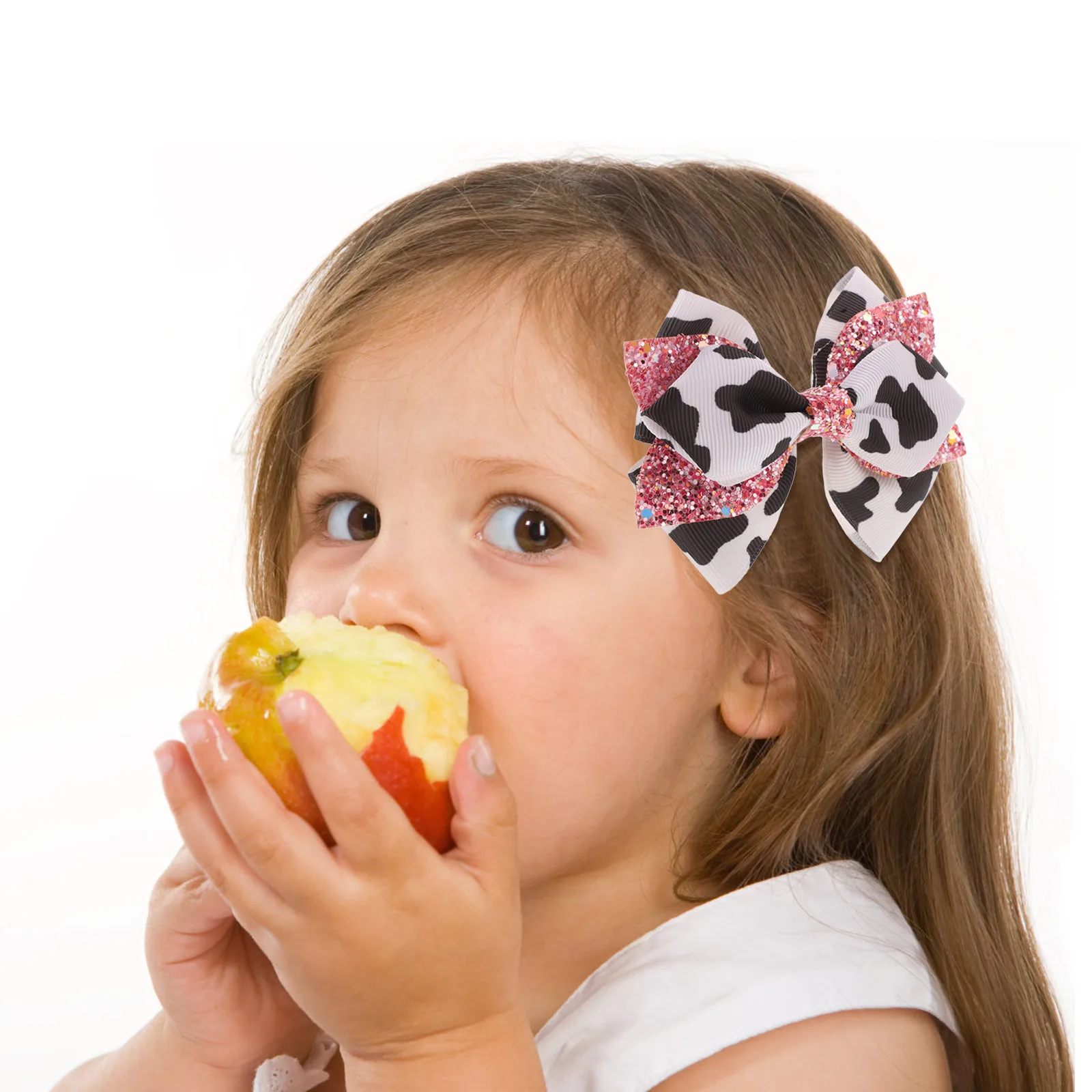 2 قطعة مقاطع الشعر البقرة طباعة أسود أبيض وردي Grosgrain الشريط التمساح كليب لحفلة عيد ميلاد يوميا #1