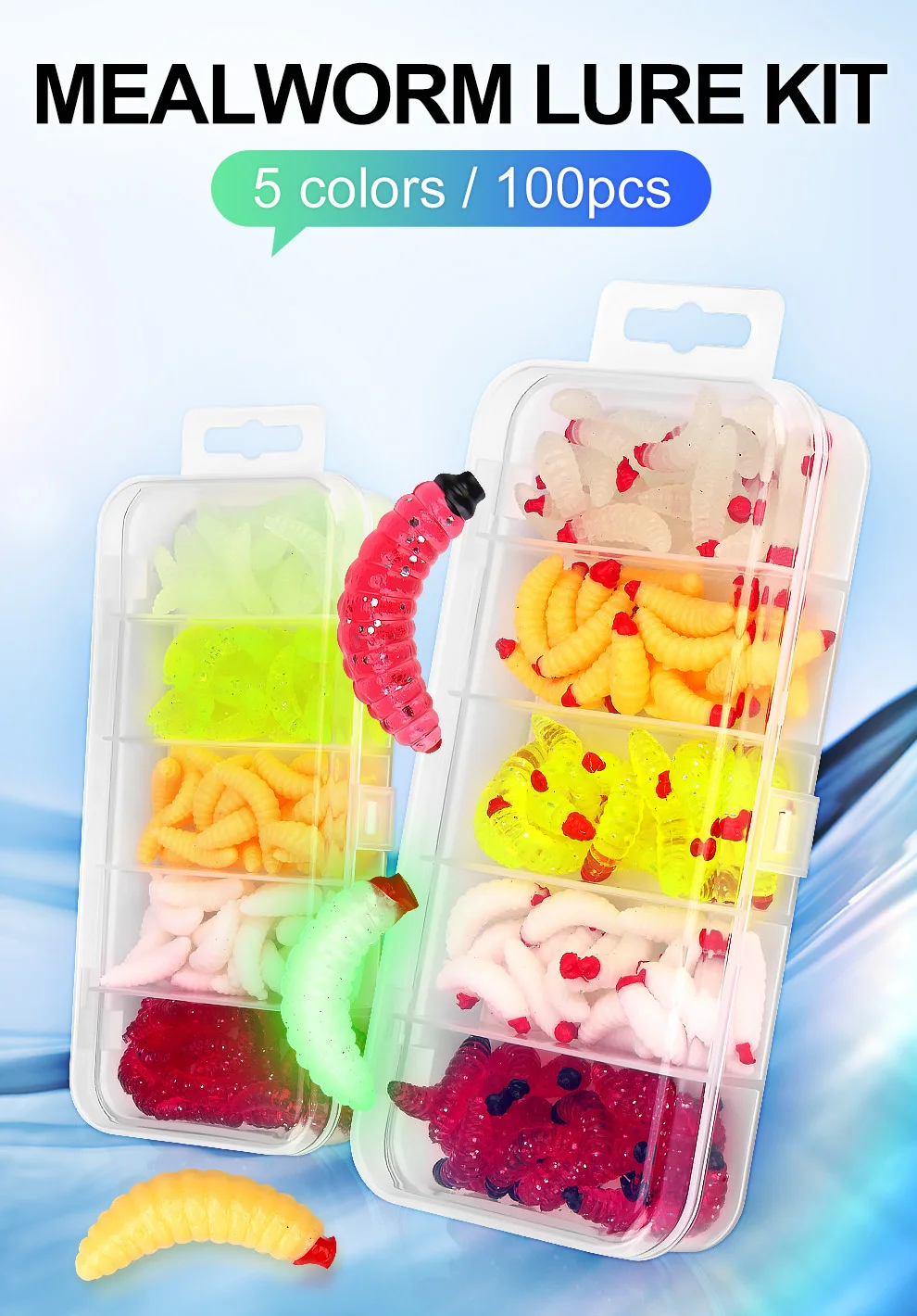 WEIHE 5 Farben Künstliche Weicher Köder Combo Mini Mehlwurm Köder Kit Made Köder Süßwasser Salzwasser Wobbler Pesca Köder Box – Detail 1