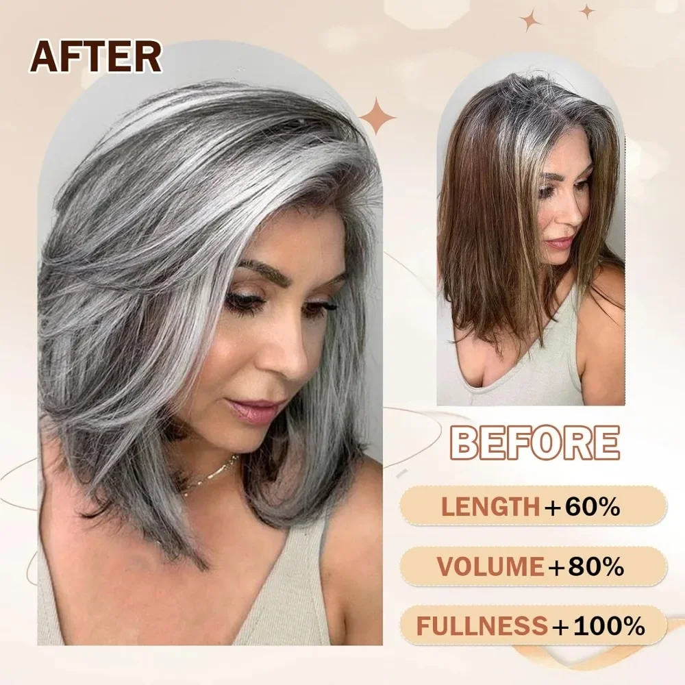 Silver Wig Grey Ombre Women\'s Wig with Curtain Bangs Synthetic Highlights Grey Bob Short Hair Silver Multi Layered Wig with Bang