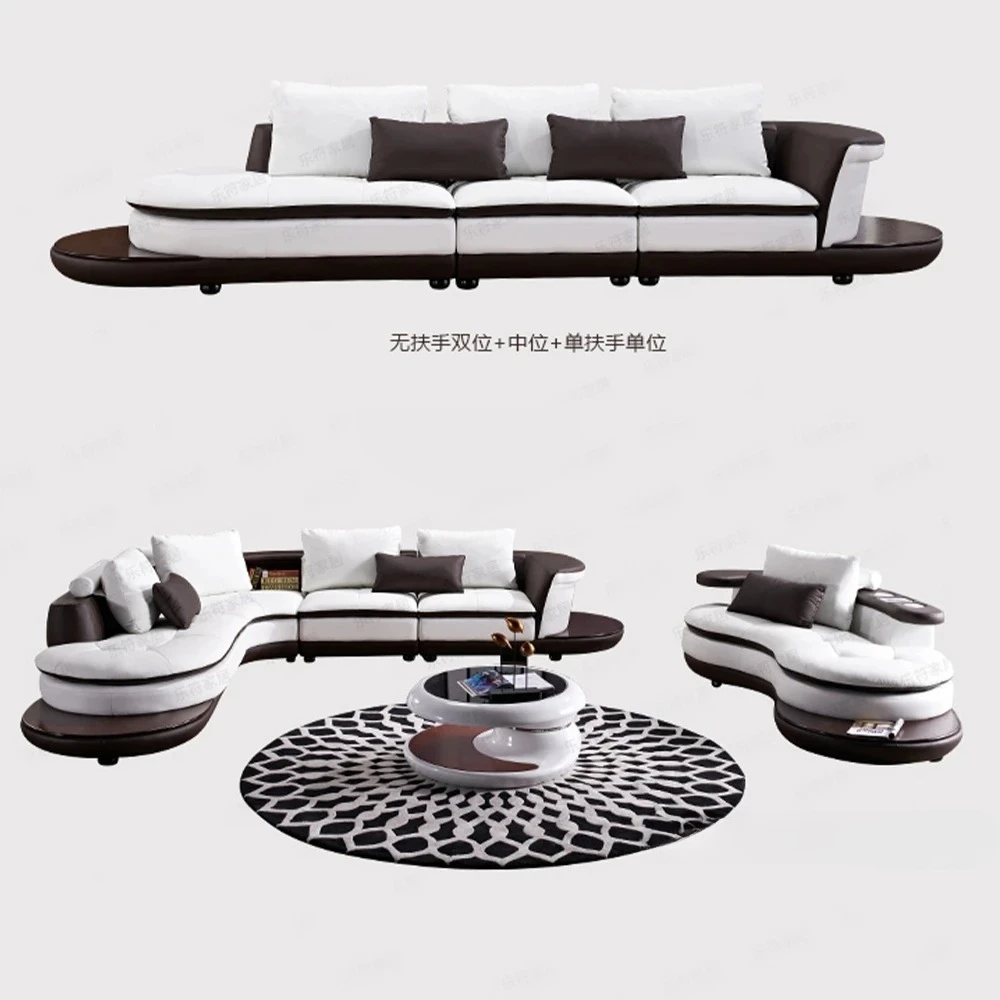 Modern Luxury U-Shaped Design Living Room Couch with Speaker and USB , Genuine Leather Sectional Sofa Setwith Storage Shelves